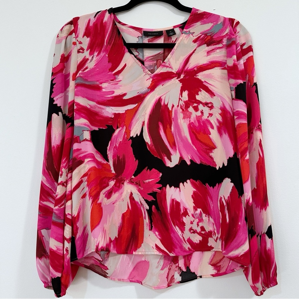 Halogen Pink Floral Long Sleeve V-Neck Blouse Size Medium - Picture 2 of 5